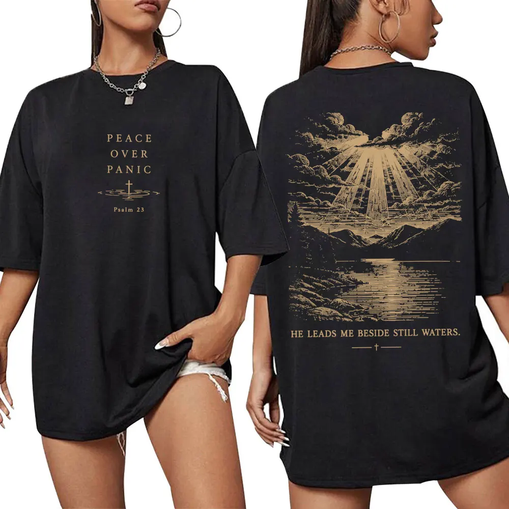 Christian Religious Jesus Peace Over Panic T Shirt Bible Verse Faith Men's T-shirts Cotton Oversized Hipster T Shirts Streetwear