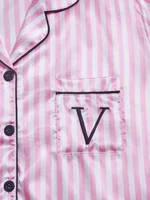Striped Embroidered Letter Pocket Short Sleeve And Shorts Pajama Set Casual Satin Sleepwear Lapel Collar Classic Print - Image 3