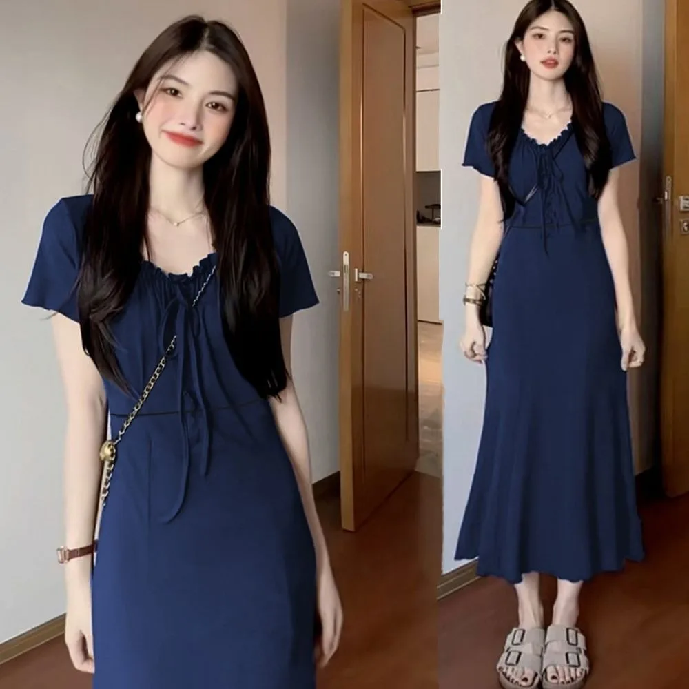 French Style Slimming Mermaid Maxi Dress for Women Elegant Short Sleeve Bodycon Dress Cinched Waist Spring Summer New Collection