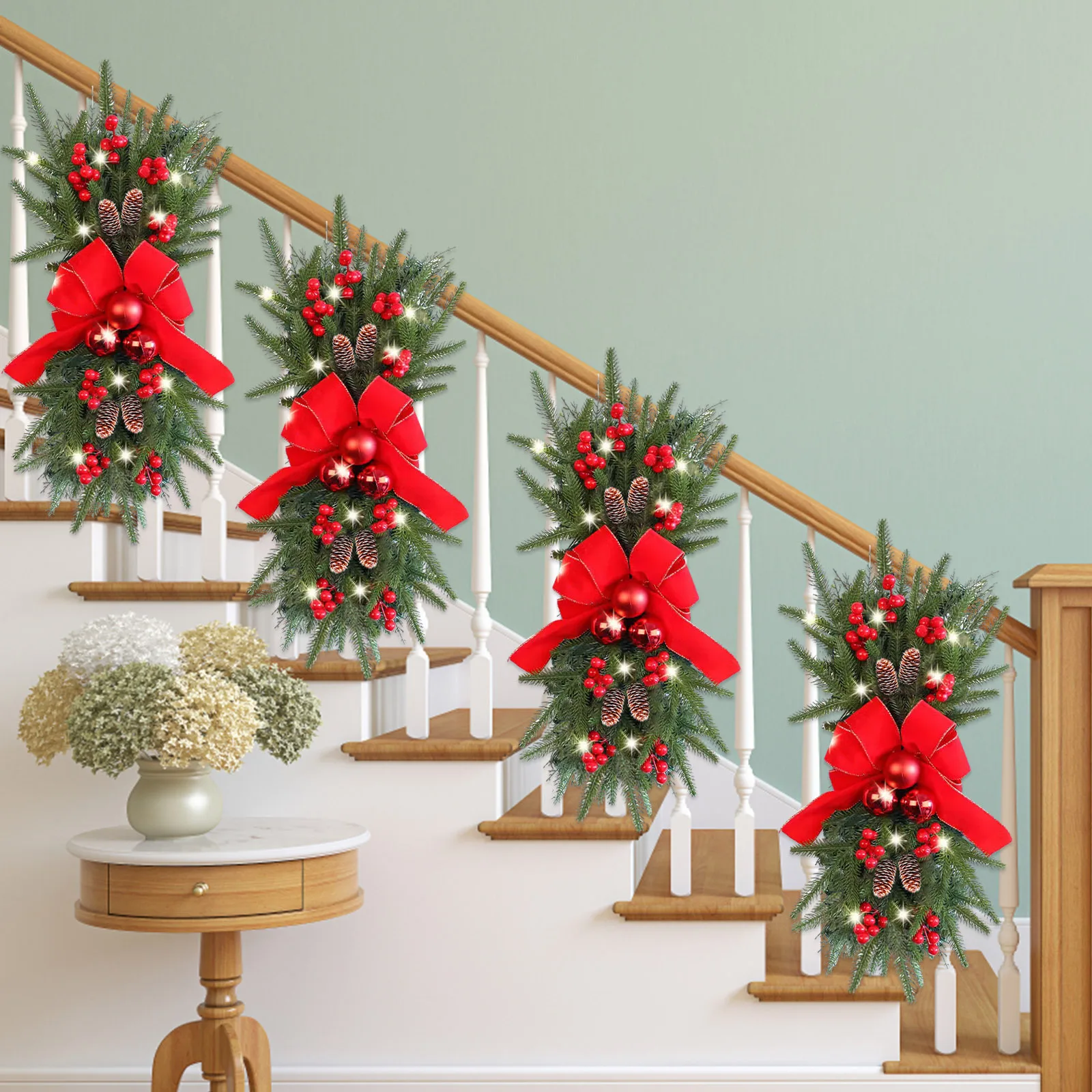 1PC Christmas Staircase Garland Red Bow Wreath Simulation Pinecone Decoration DIY Home Party Mall Decoration