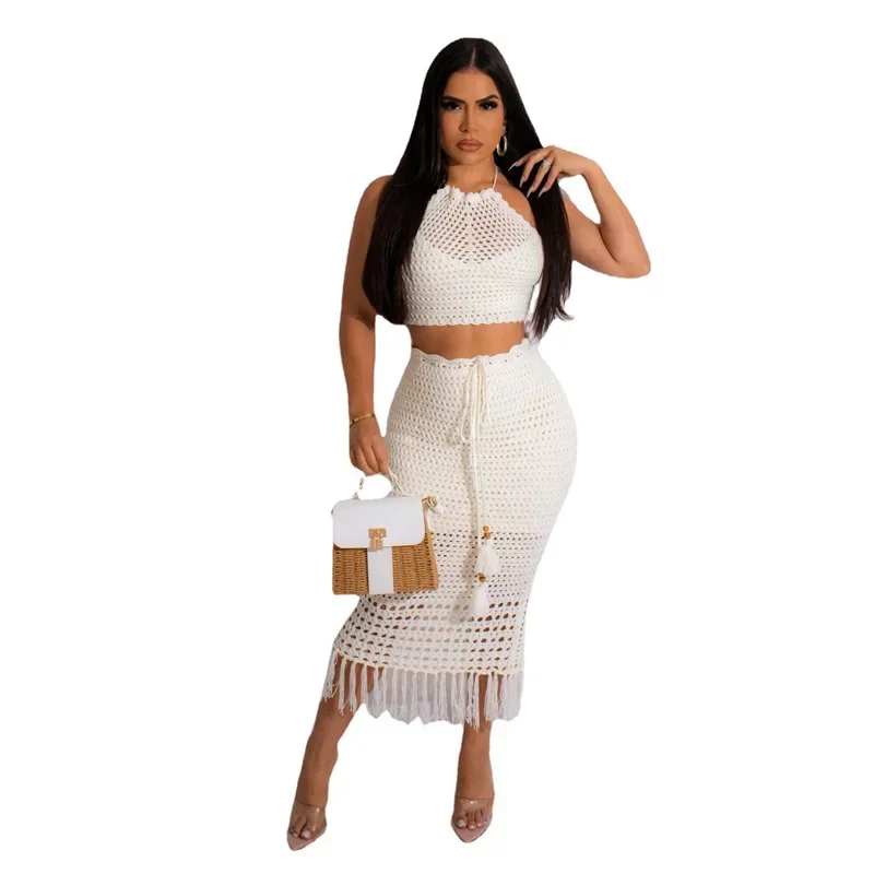 Streetwear Crochet 2 Piece Sets Women Outfit Summer Y2K Clothes Halter Crop Top Tassel Skirt Suit Dress Sets Women Two Piece Set