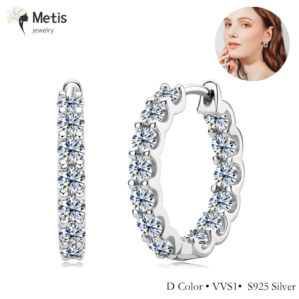 

Metis 2.6cttw D Color 3mm All Moissanite Hoop Earrings For Women S925 Silver Bull Head Wedding Stud Earring Plated 18K Jewelry