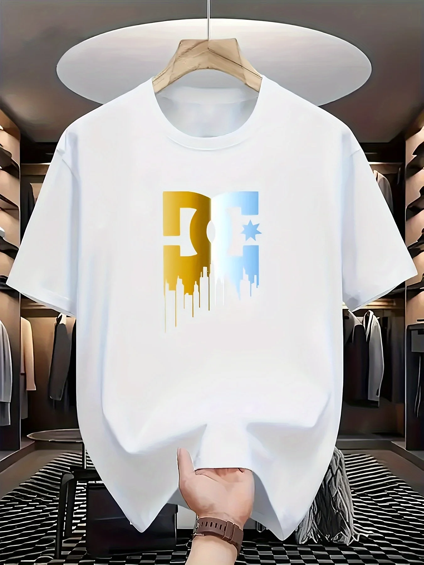 

Mens Breathable Graphic T-Shirt Black Tee with Yellow Blue City Skyline Star Design Lightweight Summer Shirt
