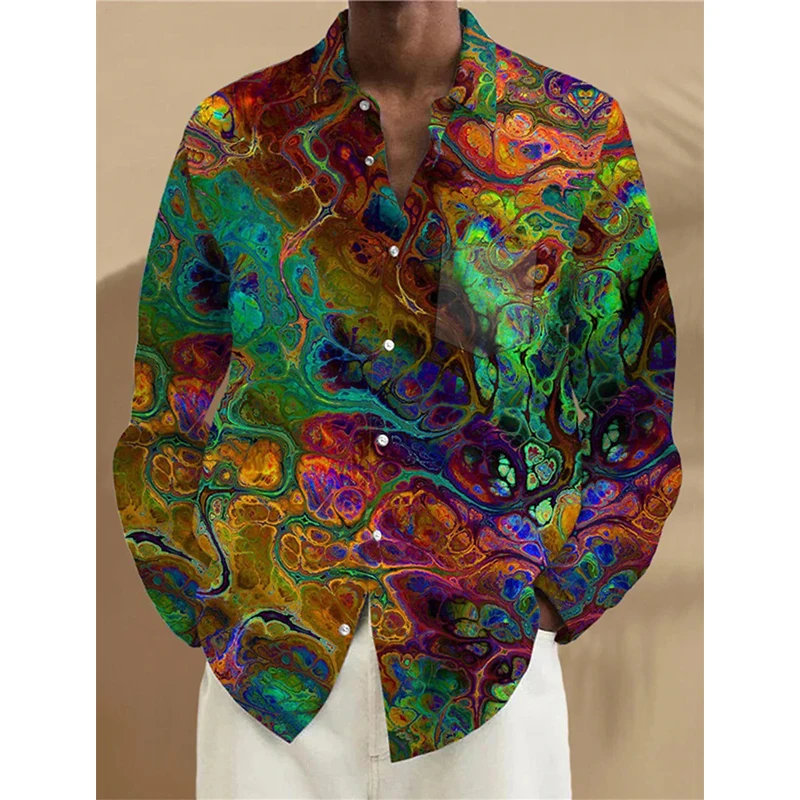 Heren Lange Mouw Button Down Shirts Volledig Print Artistieke Abstracte Patroon Casual Shirt Heren Lange Mouw Plus Size Turndown Blouse