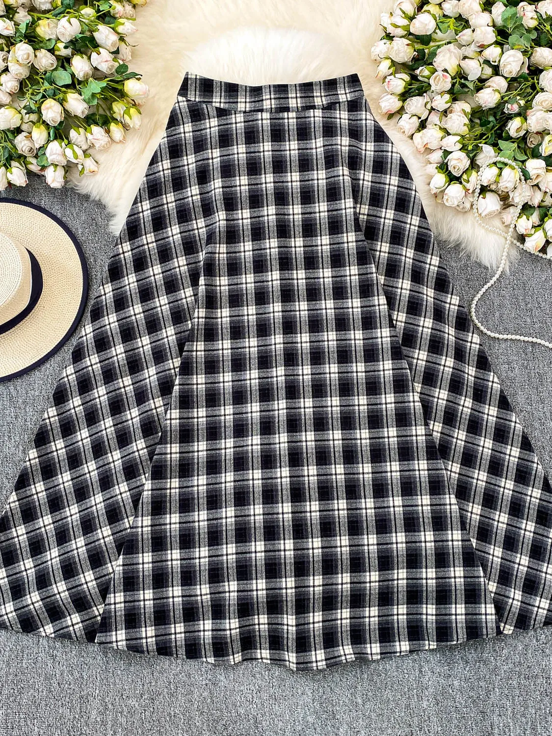 

Черно-белая клетчатая утягивающая юбка-миди с высокой талией для женщин, модная универсальная юбка трапециевидной формы на весну и лето