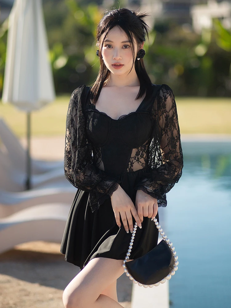 

Elegant Lace One-Piece Swimsuit Women Long Sleeve Sexy Backless Black plus Size Fashionable Big Size Fat MM Summer Wave