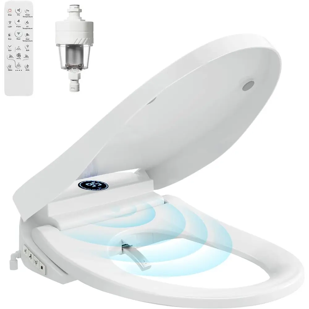 

Умное сиденье для унитаза-биде с автоматическим открыванием/закрыванием крышки - удлиненное, с подогревом, подачей теплой воды и воздушной сушкой, пультом ДУ, из нержавеющей стали