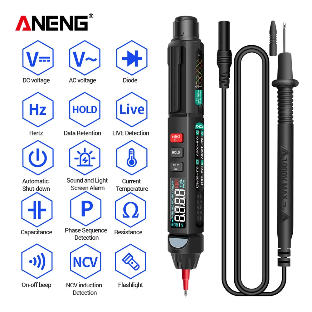 ANENG A3007 Digital Multimeter True RMS AC/DC Voltmeter Resistance Temperature Tester NCV Phase Sequence Diode Flashlight Tester
