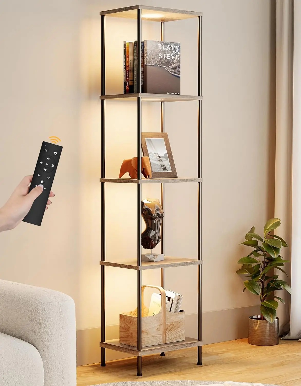 

Display Shelf With Rgbcw Light, Color Changing Curio Cabinet Floor Lamp With Shelves Corner Standing Column Lamp Etagere
