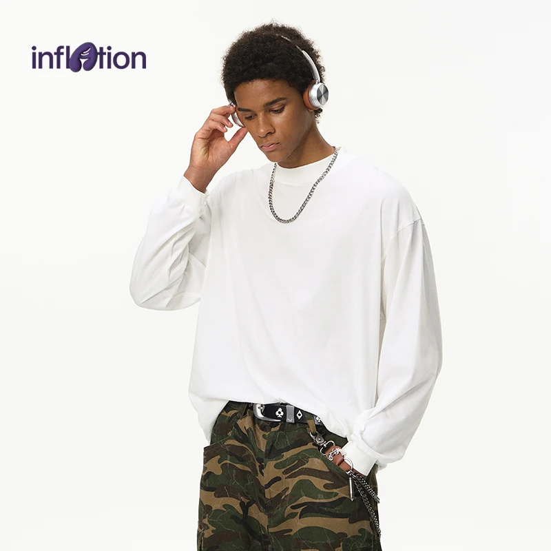 

INFLATION 2025 Autumn Pima Cotton Long Sleeve Solid Color Mock Neck Shirt Men's Essential Basic Tee