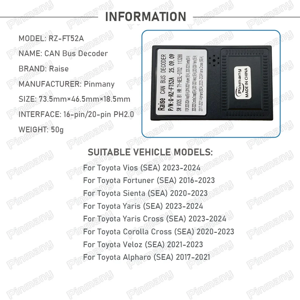 Car Radio CAN Bus Decoder RAISE RZ-FT52A Black Box for Toyota Vios Fortuner Sienta Yaris Cross Alpharo Veloz Corolla Cross