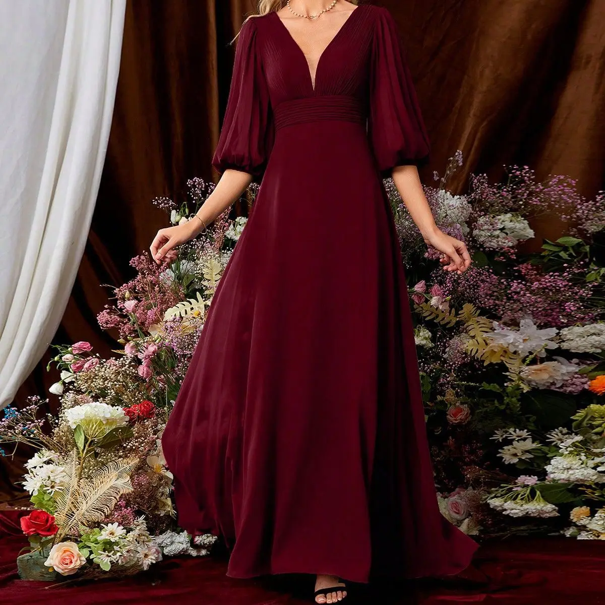 Long Dress Luxury Woman Evening Dress Ceremony Burgundy Red Dress For Christmas Eve Chiffon Wedding Party Dress 2025