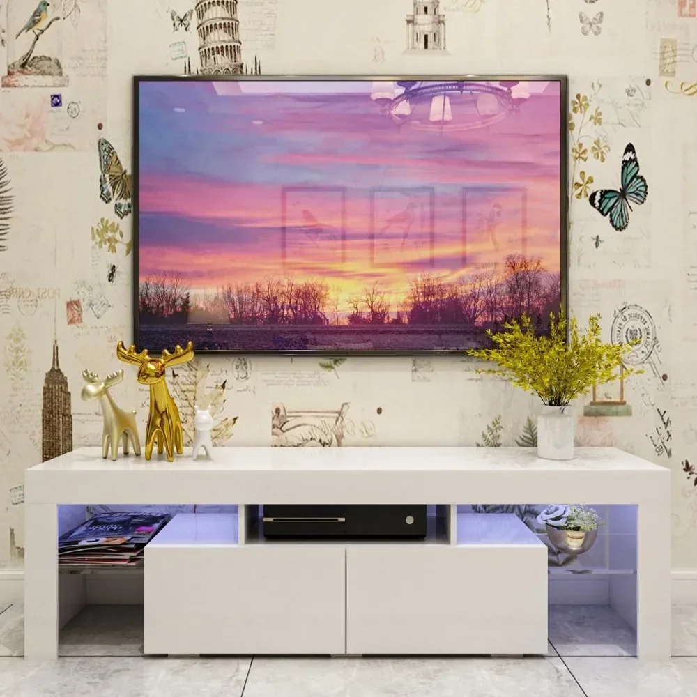 TV Stand for Below 70 Inch TV, TV Stand with LED Lights, Modern Entertainment Center with Large Storage Drawers and Open Shelves