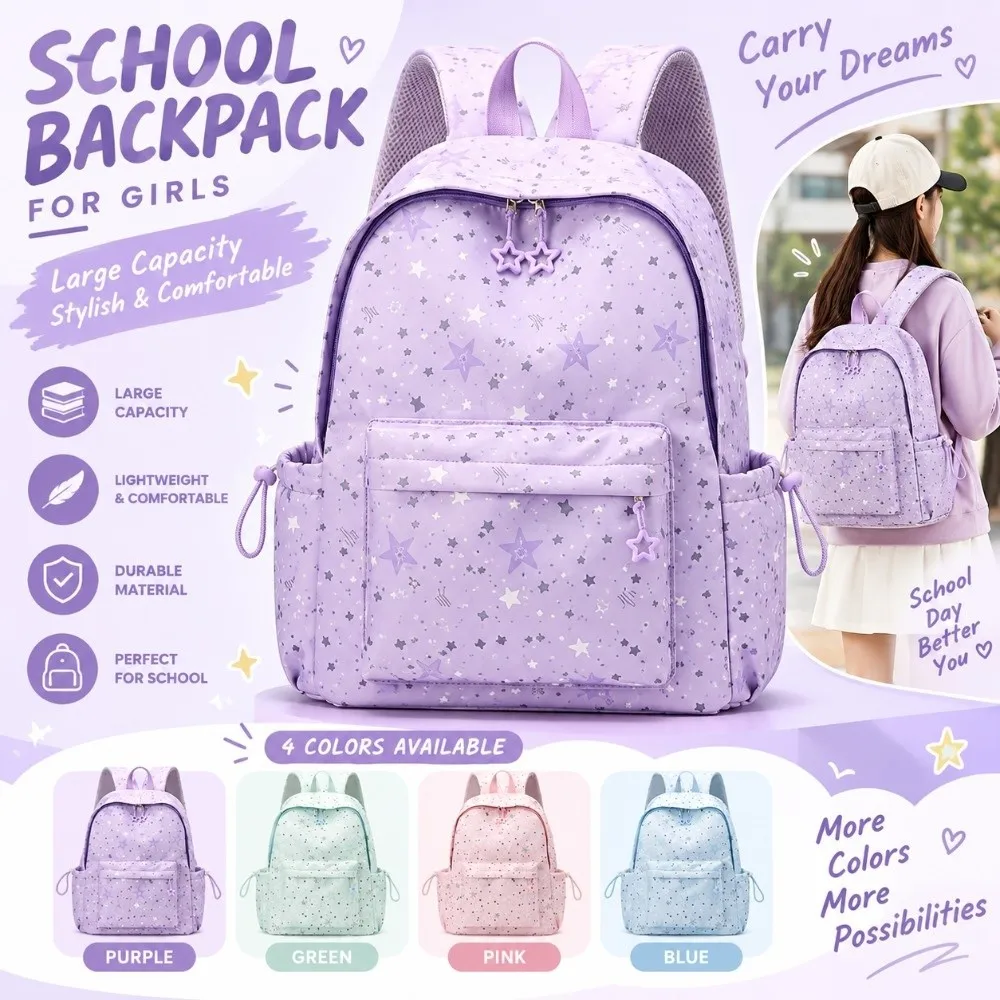 Fashion Star Pattern Schoolbag Waterproof Lightweight Shoulders Bag Oxford Cloth Multi-layer Laptop Bag