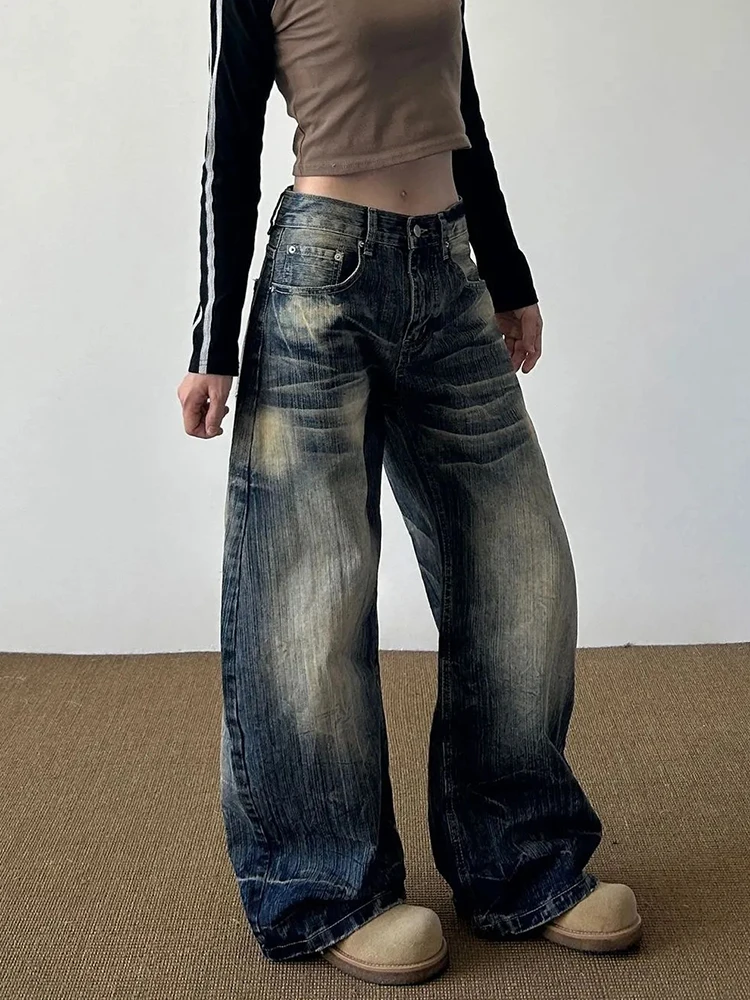 Jeans vintage invecchiati da donna Primavera Vita bassa Streetwear Pantaloni scimitar larghi Bf Pantaloni hip-hop americani tutti abbinati in denim