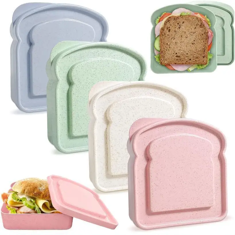 

4pcs Wheat Straw Portable Lunch Box, Toast and Sandwich Box, Large Capacity, Microwave-safe