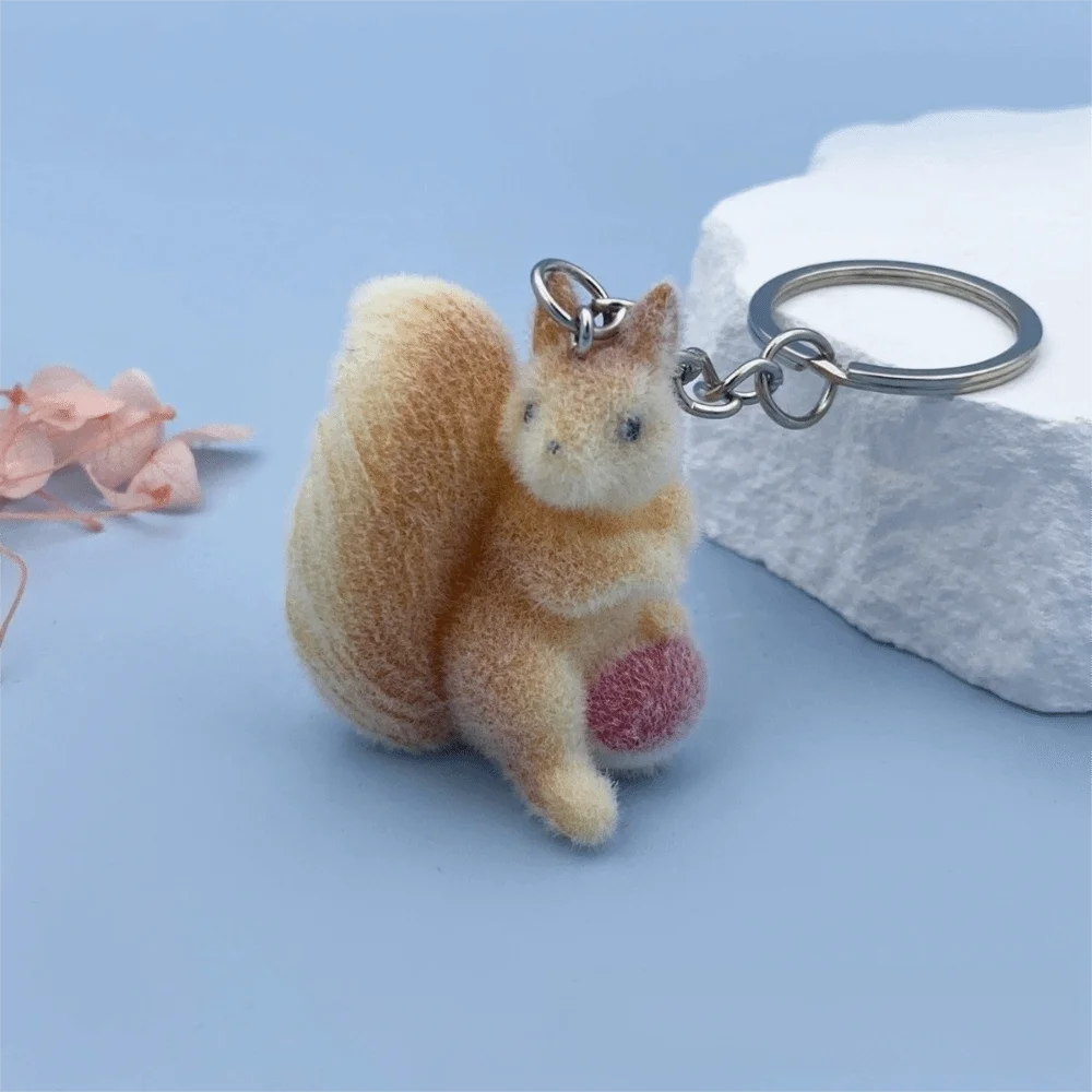 3D Flocking Squirrel Pendant Mini Surface Cartoon Squirrel Charm DIY Handmade Craft Supply Resin Keychain Key Decoration