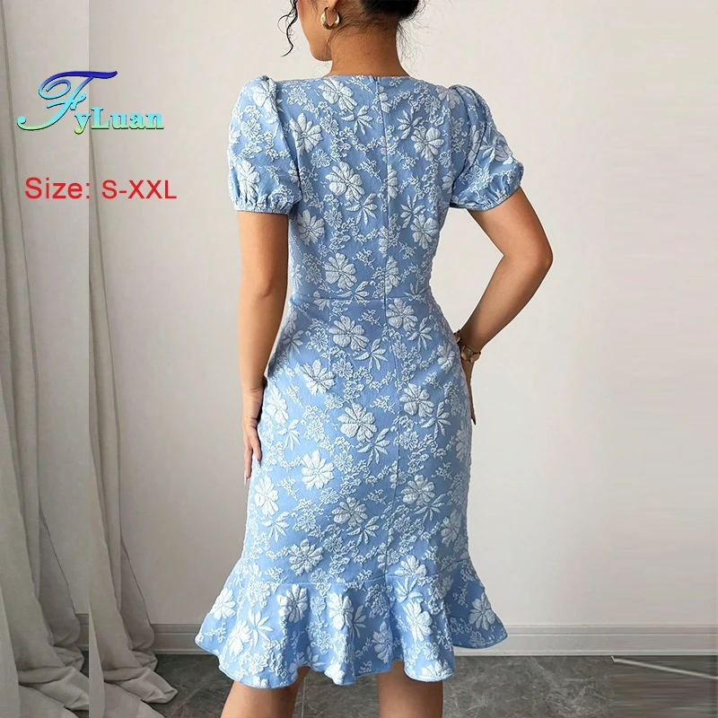 Novedad de verano, vestido de mujer con temperamento, Color sólido, cuello redondo, manga corta, vestido de cola de pez para mujer, vestido ajustado hasta la rodilla para ir al trabajo a la moda