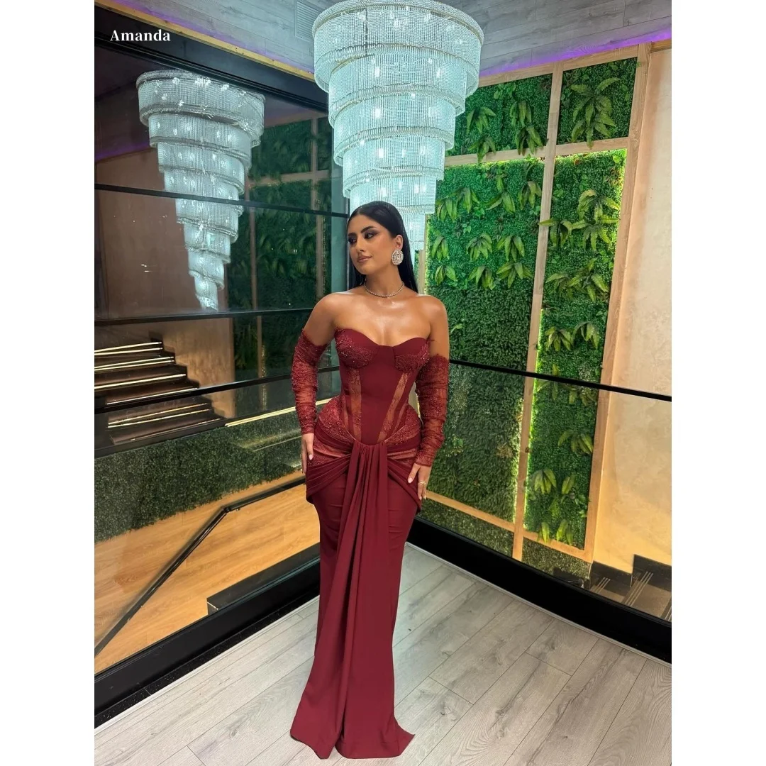فستان أماندا مخصص بأكمام حمراء للحفلات الراقصة بدون حمالات بدون أكمام من vestidos de noche ترتر بطول الأرض للسهرات الرسمية #1
