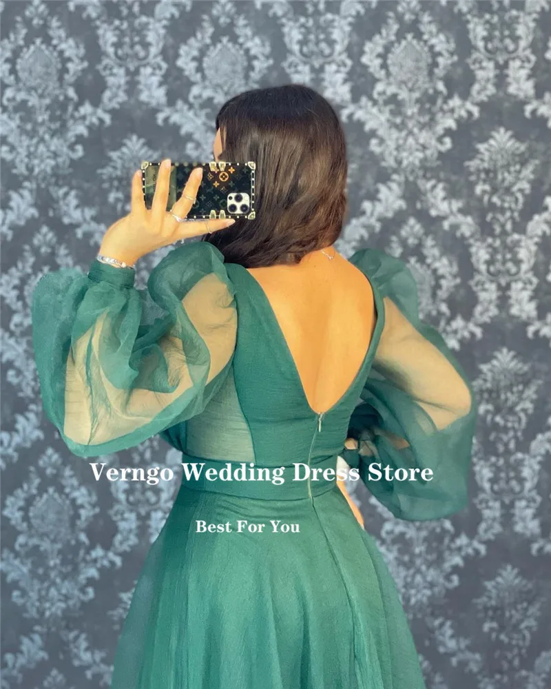 Verngo Modest Arabic Wome Long Sleeves Evening Dress Bateau Neck Organza Fuschia Green Prom Gown Wedding Party Dress Customized