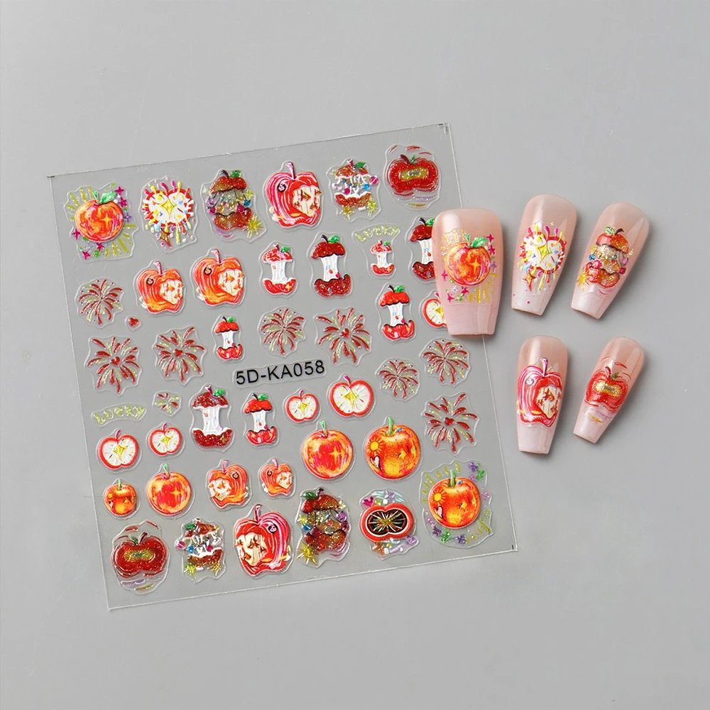 1 Vel 5D Reliëf Bite Apple Vuurwerk Apple Core Nail Sticker Kleurrijke Glitter Apple Nail Slider DIY Rode manicure Decal