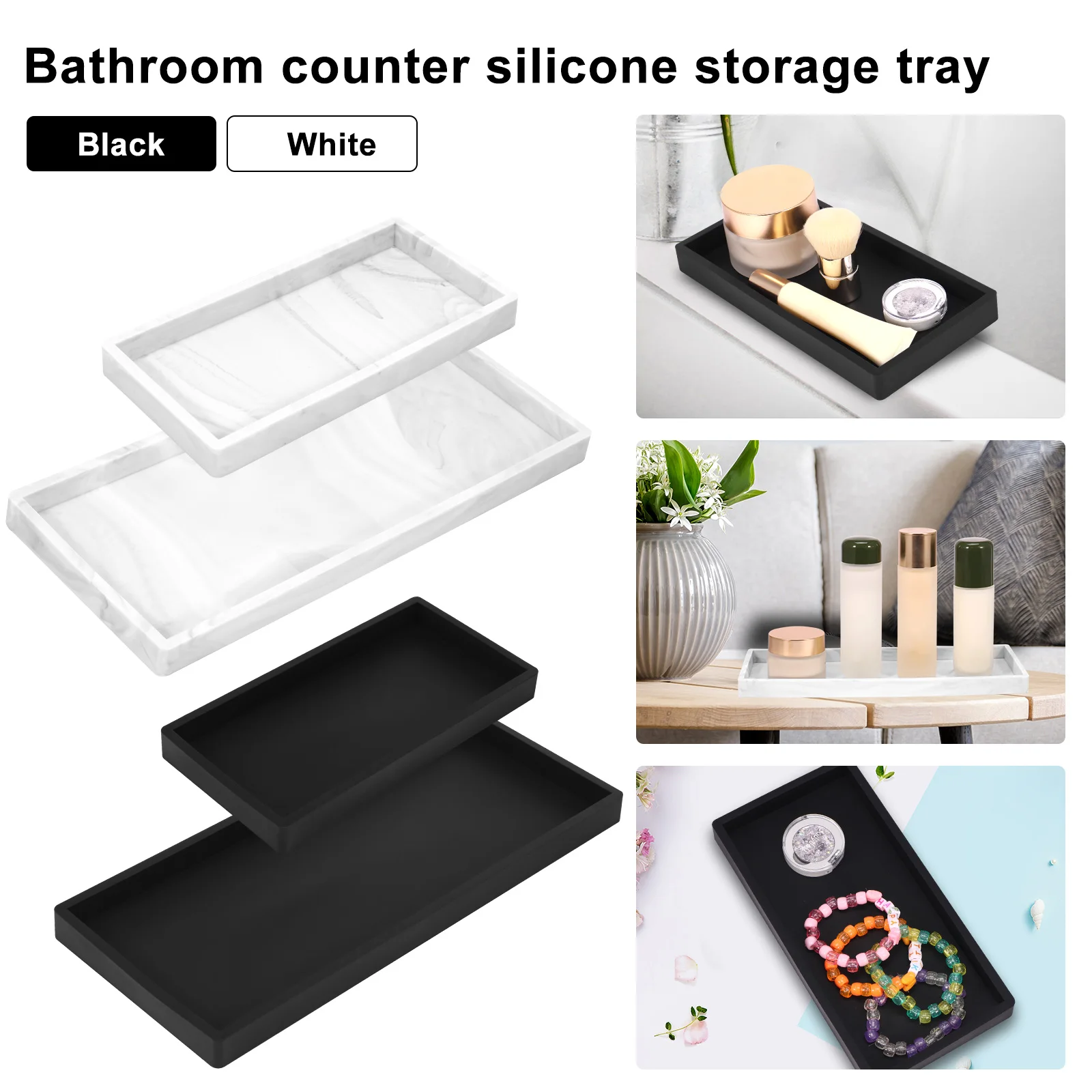 2Pcs Bathroom Vanity Tray Silicone Bathroom Tray for Counter Perfume Key Trinket Ring Tray Decor Soap Dispenser Countertop Tray