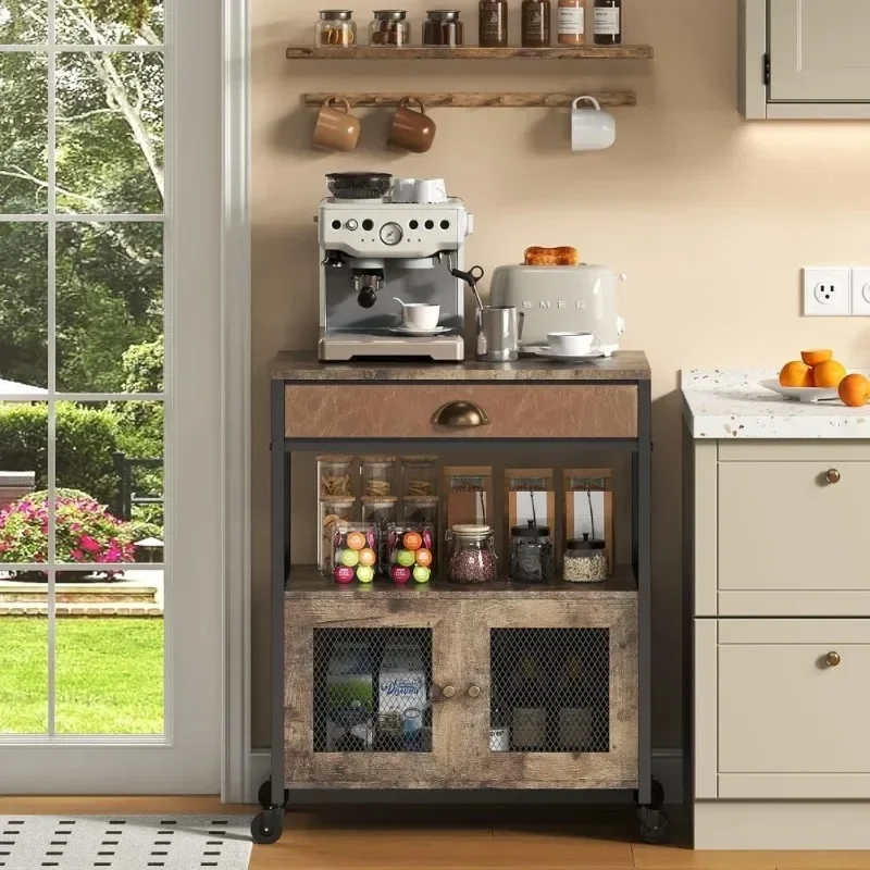 Work Table Bar Cart Three Tier Mobile Kitchen Island Cart Drawer Wheels Rolling Kitchen Trolley Coffee Bar Rustic Farmhouse view 2