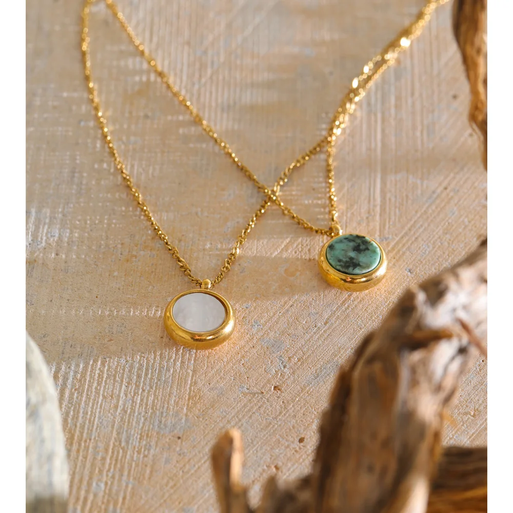 Yhpup Stainless Steel Shell Turquoise Stone Round Necklace Pendant Stain Less Metal Trending Charming Jewelry