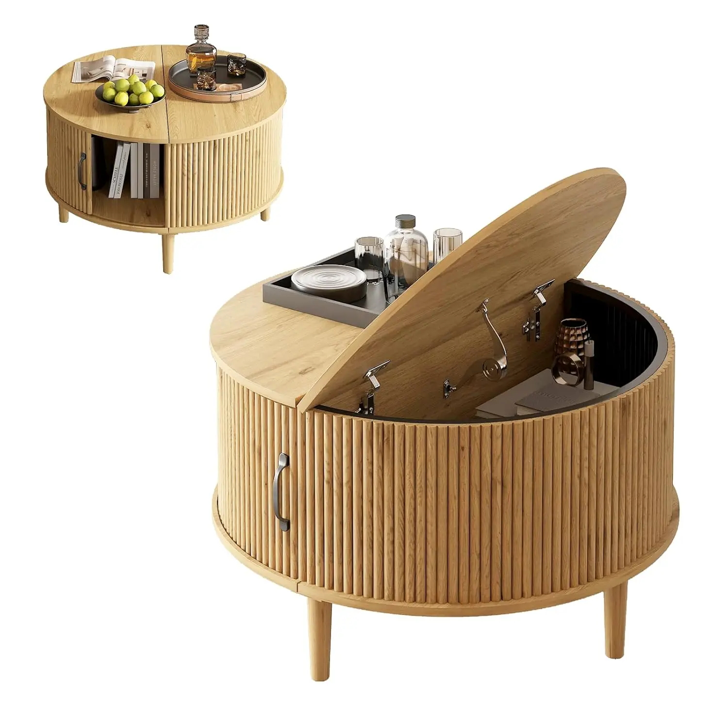 

Round Coffee Table with Blanket Storage, 31.5" Mid Century Modern Fluted Living Room Center Table for Small Space Apartment & Of