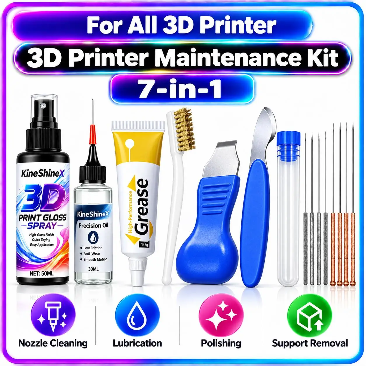 3D Printer 7 in 1 Maintenance Kit Lubricating Oil Grease Nozzle Cleaner Gloss Spray For Flashforge Bambu Lab FDM Printer Parts