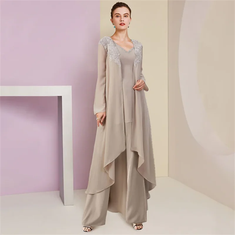 Elegancki garnitur plażowy na wesele, 3-częściowy, dla matki panny młodej, na formalne okazje, dla gościa weselnego, z dekoltem w serek, do ziemi, szyfonowy, koronkowy, bez rękawów, z narzutką.