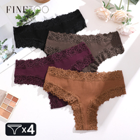 FINETOO 4Pcs Cotton Underwear for Women Sexy Lace Floral Thongs Seamless Breathable Panties Girls Low Waist Lingerie Soft Panty