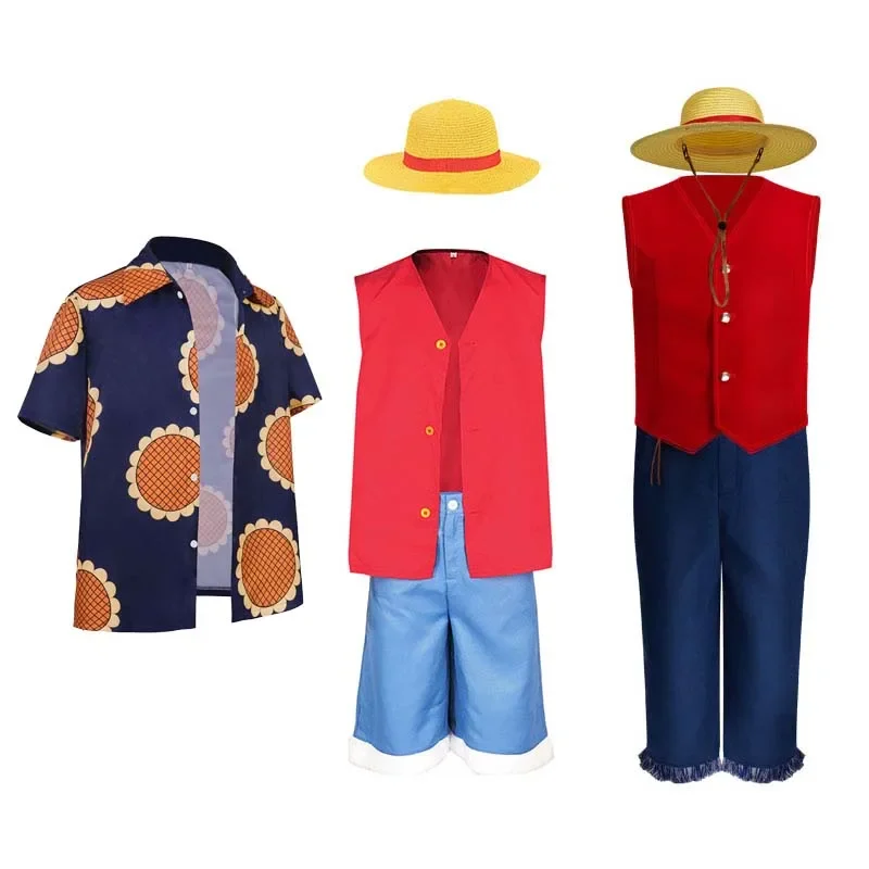 Disfraz de Anime Monkey D Luffy para niños y adultos, chaleco, pantalones cortos, sombrero, trajes para amantes de los fanáticos, Cosplay, Navidad, Halloween, ropa de fiesta