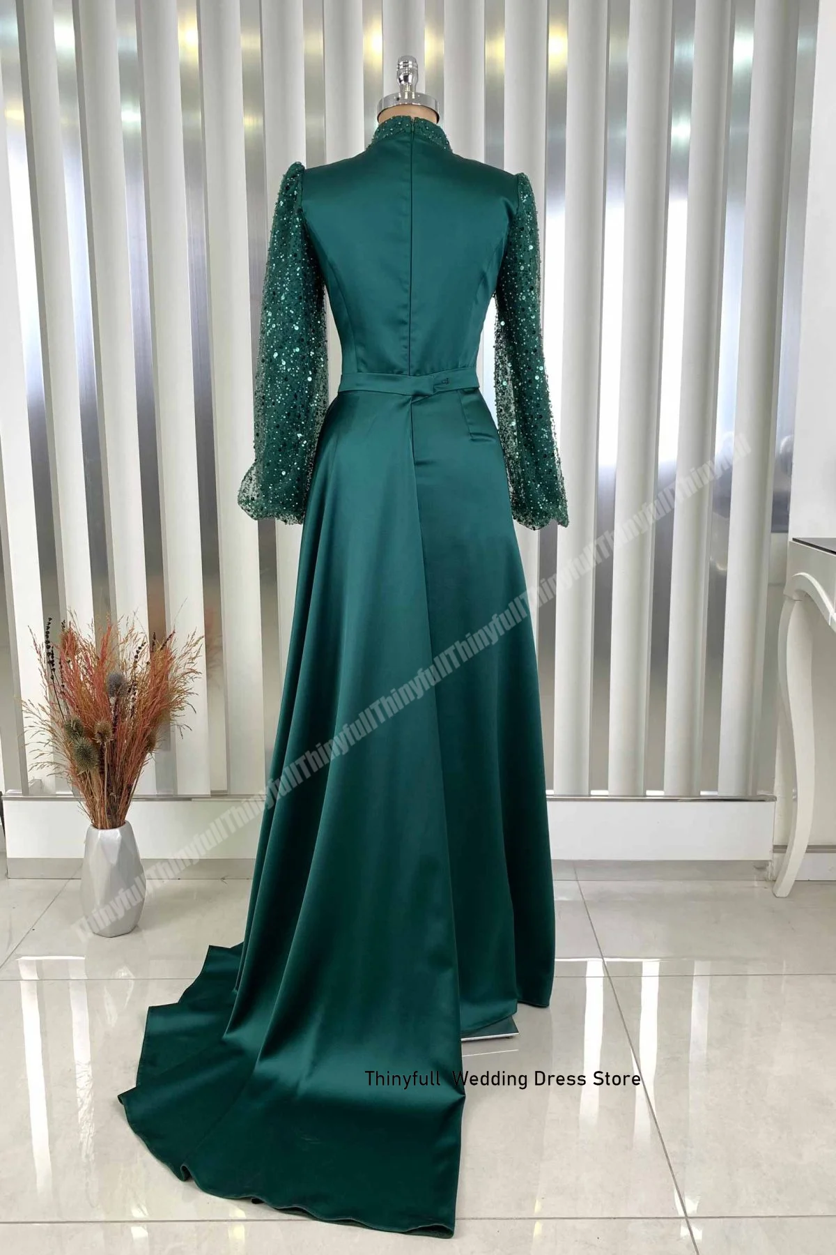 Thinyfull Muslim Mermaid Prom Dresses High-neck Long Sleeves Engagement Gown Satin/Sequin Formal Occasion Dress Customized