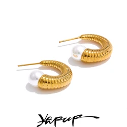 Yhpup Stylish Unique Stainless Steel Pearls C-Shape Geometric Huggie Earrings Gold Silver Color Popular Jewelry Prevent Allergy