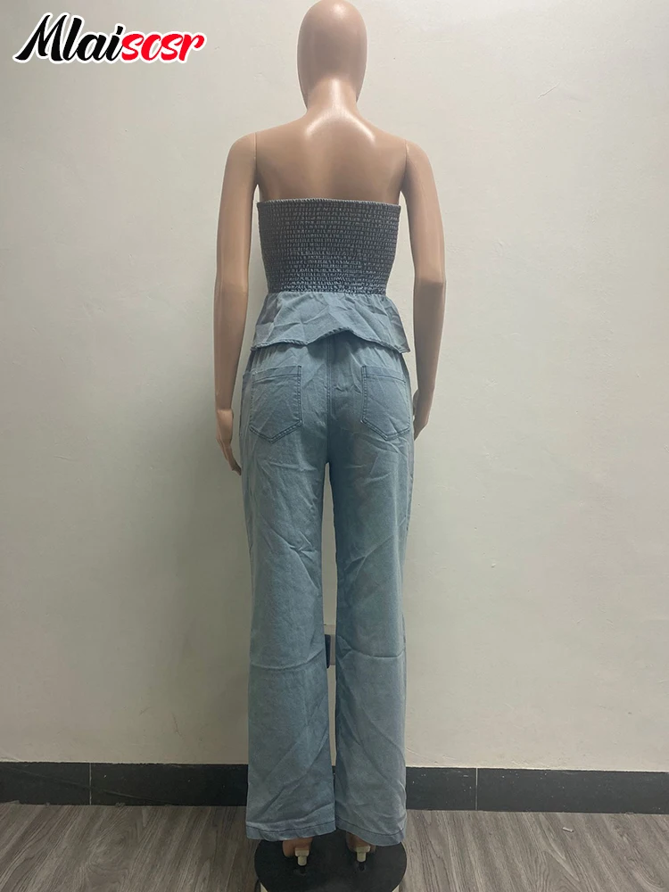 Mlaiscsr Blue Denim Two 2 Pieces Pants Set Women\'s Ruffles Hem Elastic Strapless Crop Tops and Wide Leg Jeans Birthday Outfits