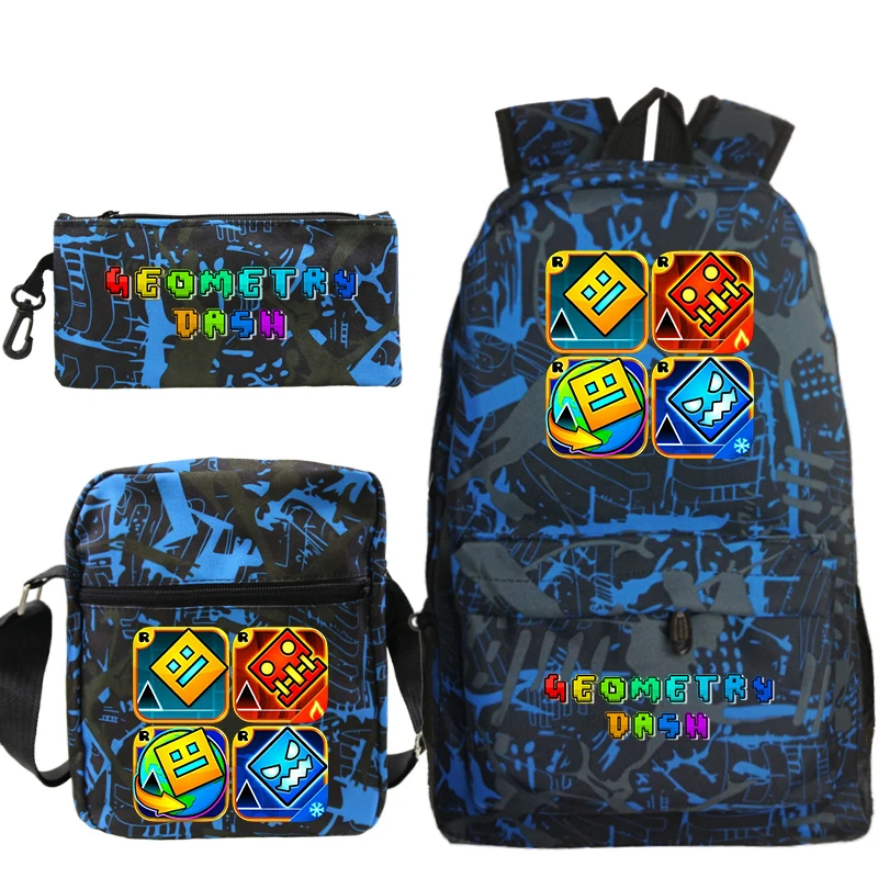 Geometry Dash Print Child Backpack 3pcs Set Lightweight Boys Girls Backpack Cartoon School Bags Kids Shoulder Bags Pencil Bag
