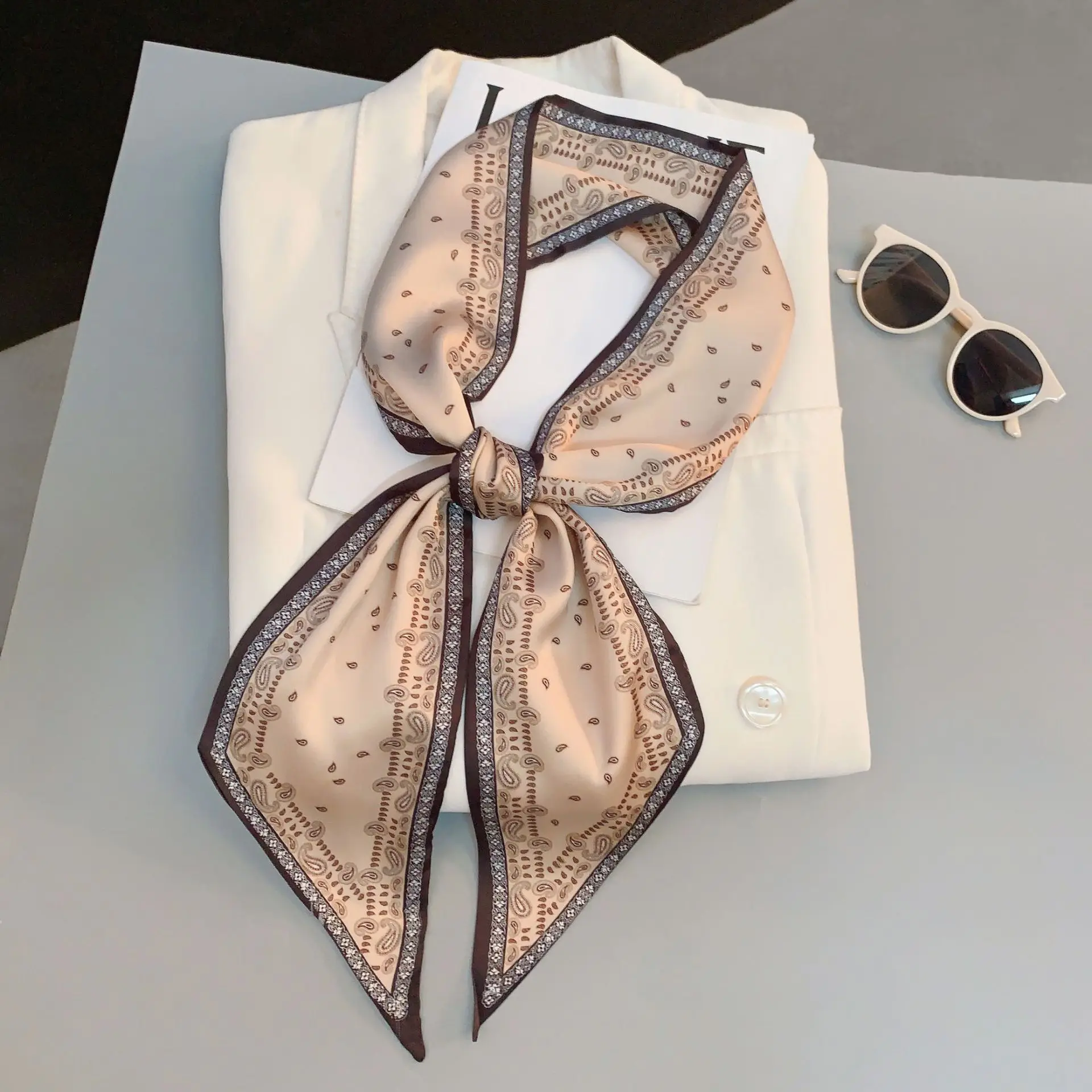 Fashion Print Hair Ribbon Bevel Silk Scarf Women Neck Tie Bag Scarfs Satin Silk Skinny Headscarves Ladies Foulard Floral Bands image 3