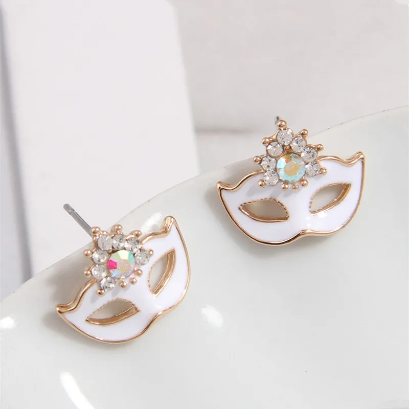 Kymyad Korean Style Crystal Stud Earrings for Women Gold Color Enamel Mask Women\'s Earring Statement Luxury Gift Jewelry