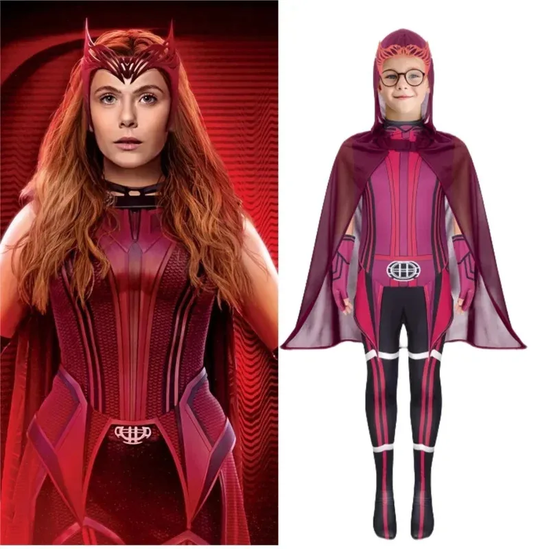 

Wanda Vision Scarlet Witch Cosplay Costume Women Kids Adult Cloak Jumpsuit Outfit Resin Mask Lady Carnival Halloween Costume