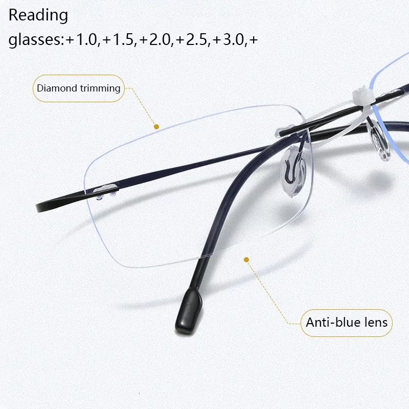 Titanium Alloy Frame Anti-Blue Light Blocking Frameless Elastic Memory Ultra-Light Thin Leg Unhinged Reading Glasses