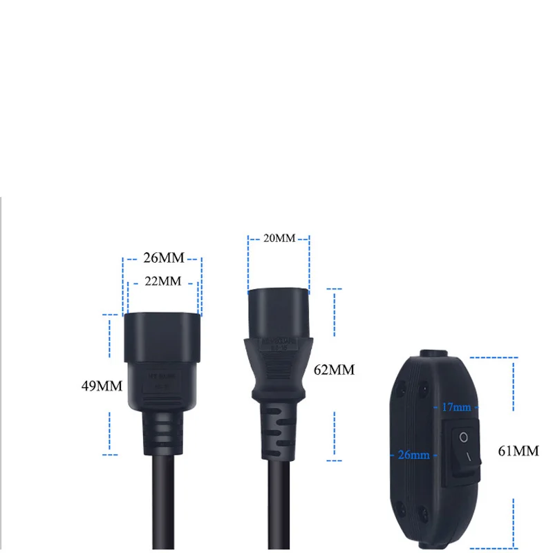 Kabel Daya Ekstensi C14-C13 30CM IEC 320 C13 Betina Ke C14 Jantan dengan Sakelar On/Off Kabel Adaptor Daya AC Komputer PC