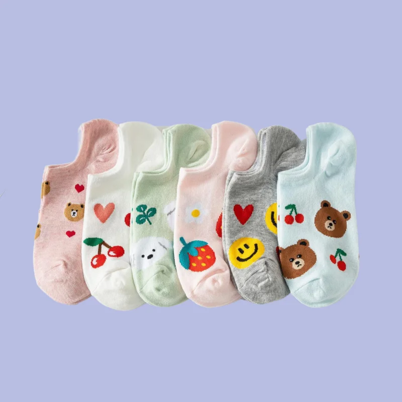 

6/12 Pairs Spring and Summer Boat Socks Cute Cartoon Girls Shallow Mouth Ankle Socks Candy Color Invisible Summer Socks