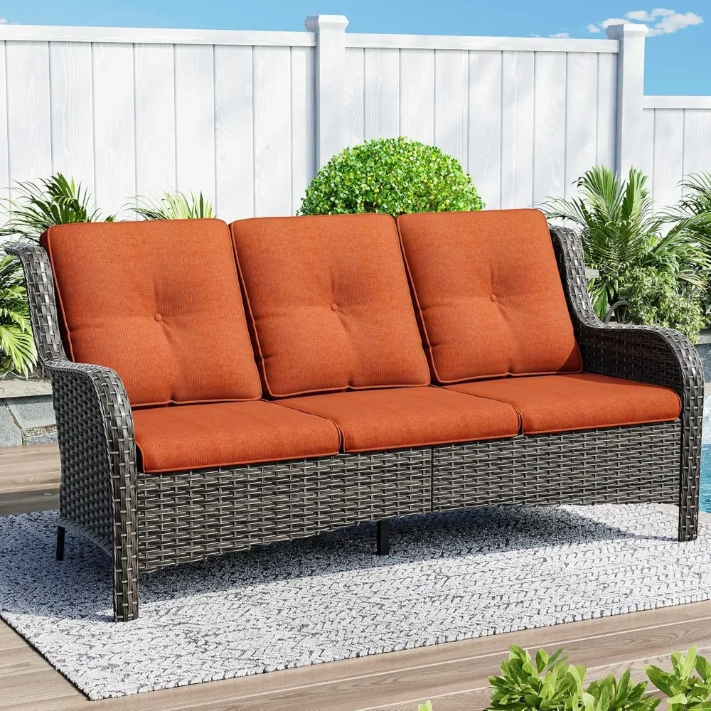

Outdoor Wicker Sofa - 3-Seat Patio Couch w/ Deep Seating & Cushions for Porch, Deck, Balcony or Garden
