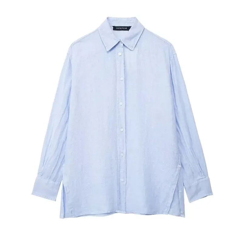 Blue Long Shirt Woman Collar Oversize Linen Shirt For Women Summer Pleated Long Sleeve Blouses Stylish Button Up Shirt