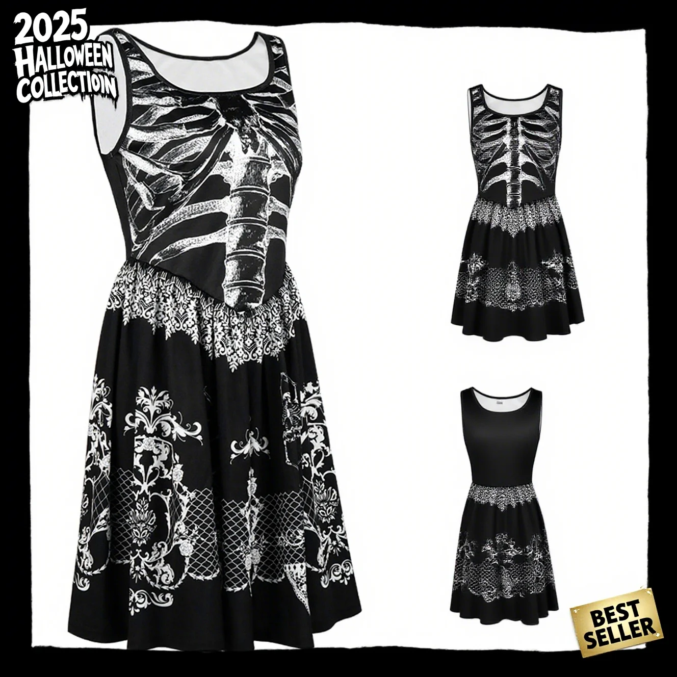 

Female Clothing Halloween Cosplay 2025 New Clothes Halloween Dresses Plus Size Skull Print Dress Casual Sleeveless Costumes