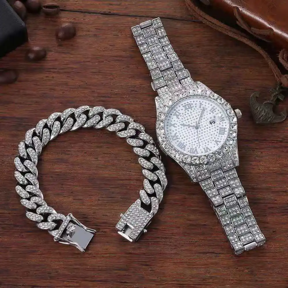 

New Gold Color Watch & Bracelet Combo Set Ice Out Miami Cuban Link Chain Luxury Hip Hop Jewelry Sets For Men Women 20cm