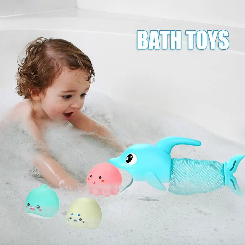 Toddler Bath Fish Toys Toddler Bathtub Fishing Net Fish Figures Toys Dolphin Shaped Preschool Pool Interactive Toys For Boys