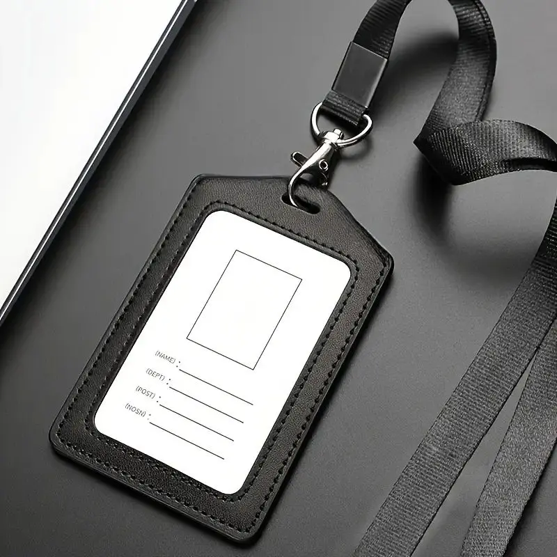 Professioneller Visitenkartenhalter mit Umhängeband – transparenter Ausweis- und Namensschildhalter, strapazierfähiges Rindsleder – Detail 8