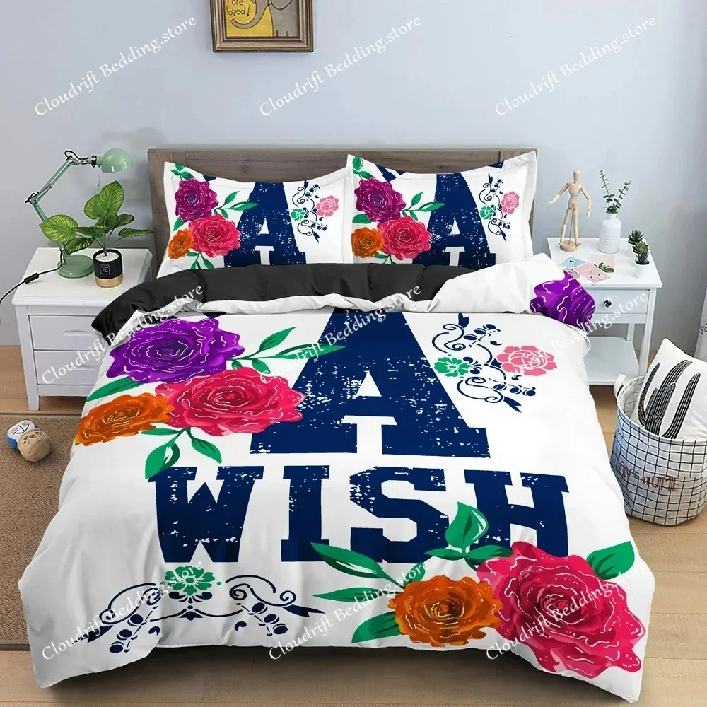 

Beautiful Flowers LOVE Duvet Cover Set For Bedroom Decor Luxury Bedding Set English Letters Background King Bedclothes